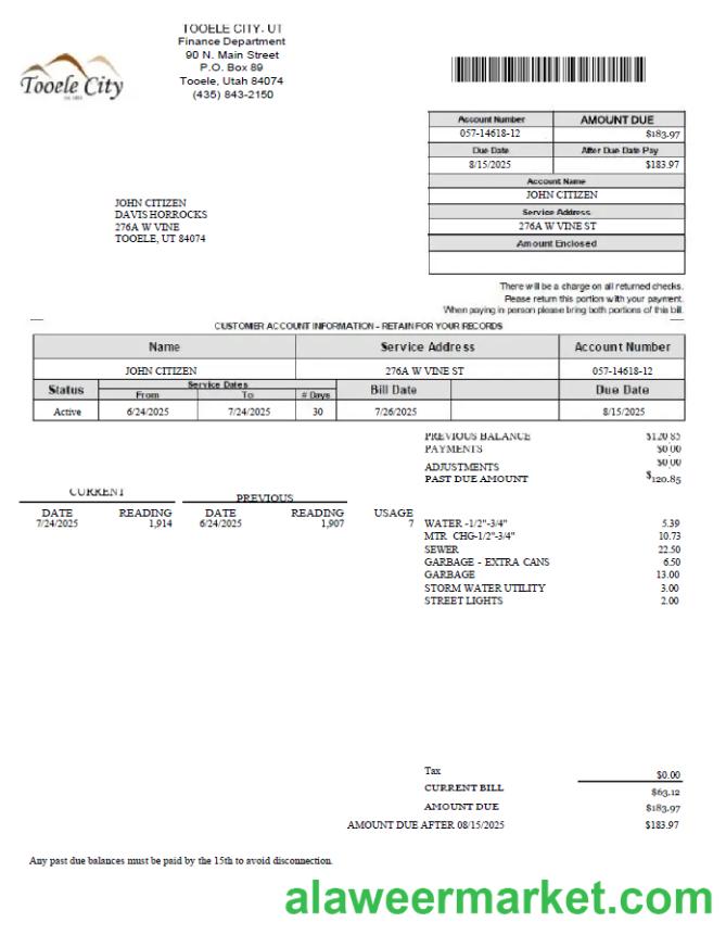 USA Tooele city utility bill template in Word and PDF formats
